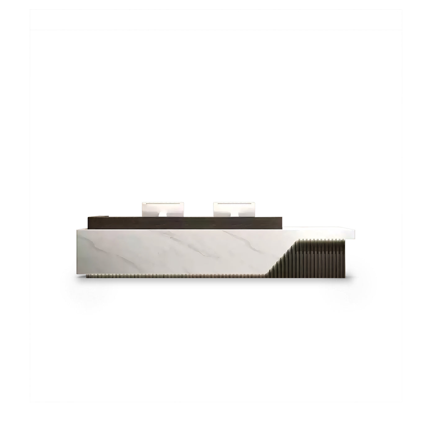 Fully Assembled Minimalist White Marble Finish + Black Reception Desk with LED for Lobby