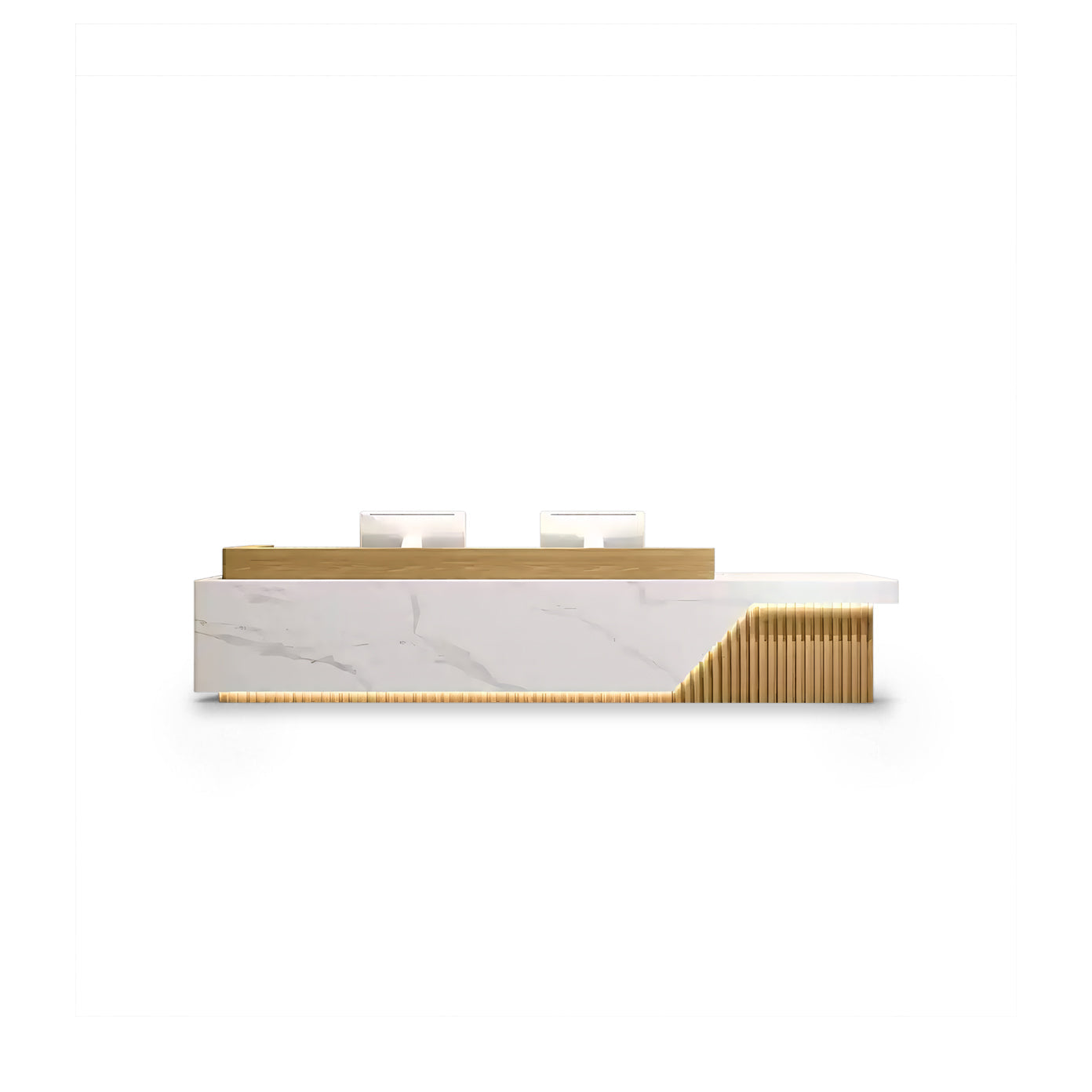 Fully Assembled Minimalist White Marble Finish + Natural Reception Desk with LED for Lobby