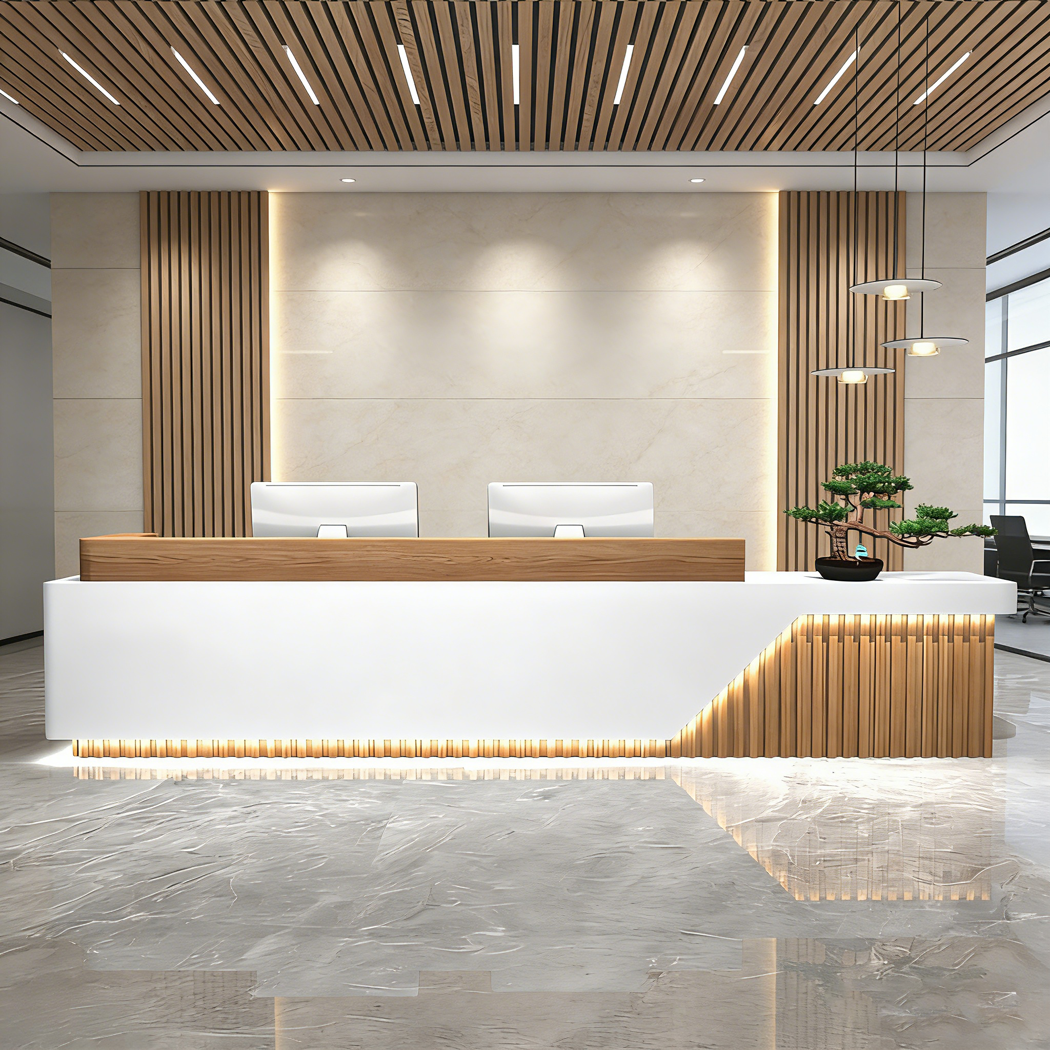 Fully Assembled Minimalist White + Natural Reception Desk with LED for Lobby
