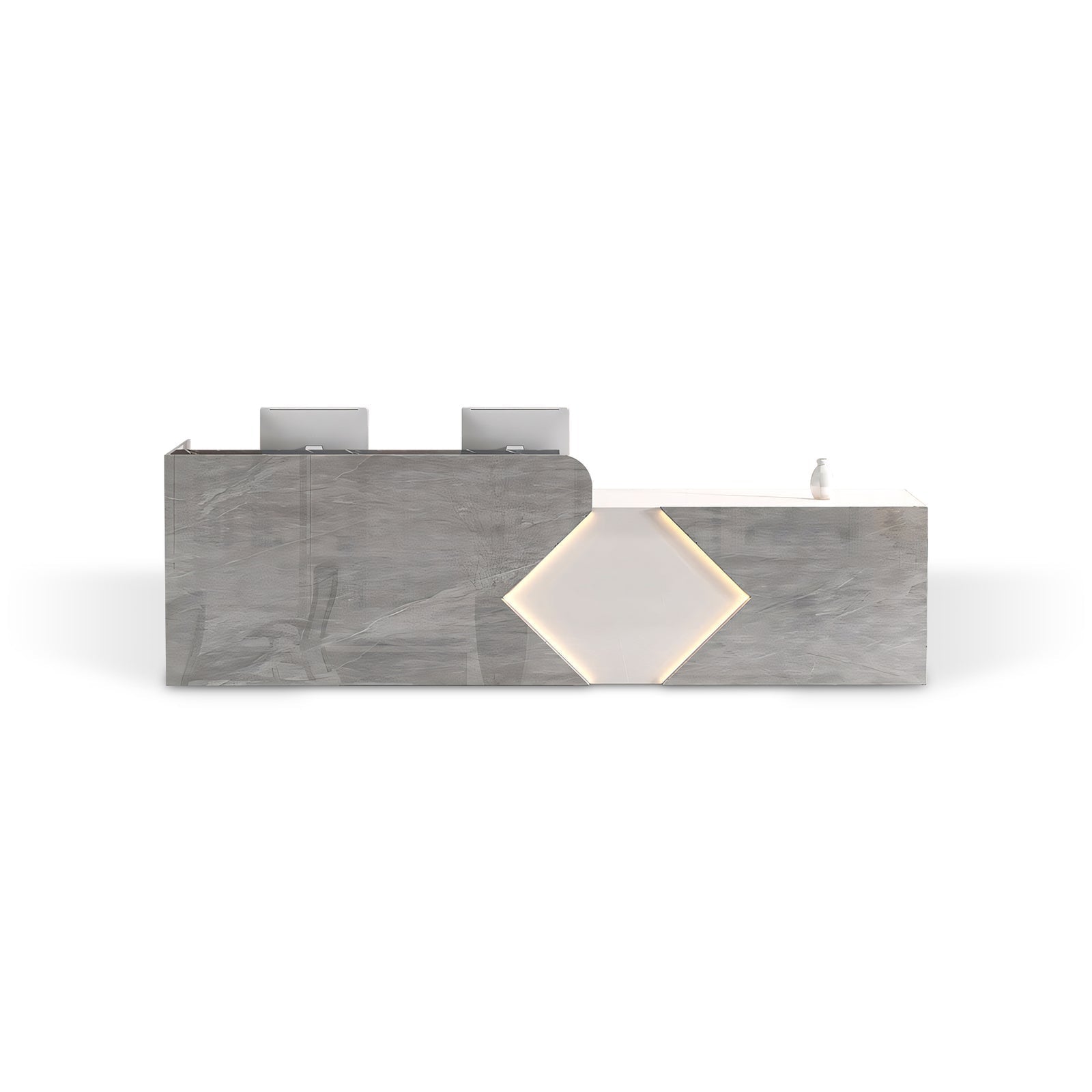 Grey Marble Finish + White Reception Desk with Geometric LED Accents for Lobby