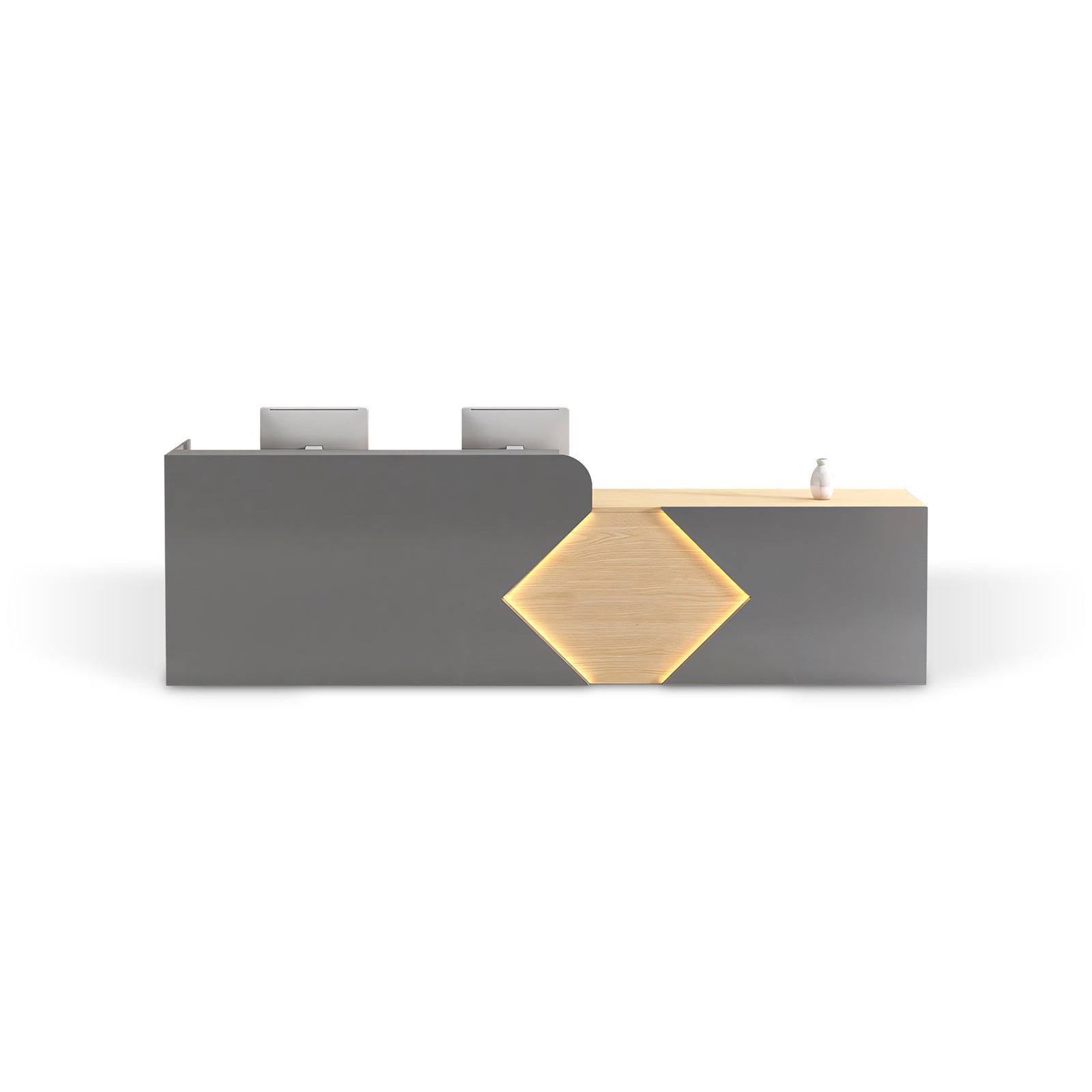 Grey + Natural Reception Desk with Geometric LED Accents for Hotel