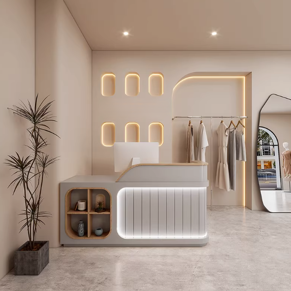 Grey + Vertical Seam Reception Desk for Clothing Store