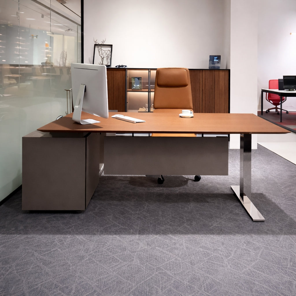 Height Adjustable Executive Desk with Side Cabinet & Built-in Power Outlets for Boss