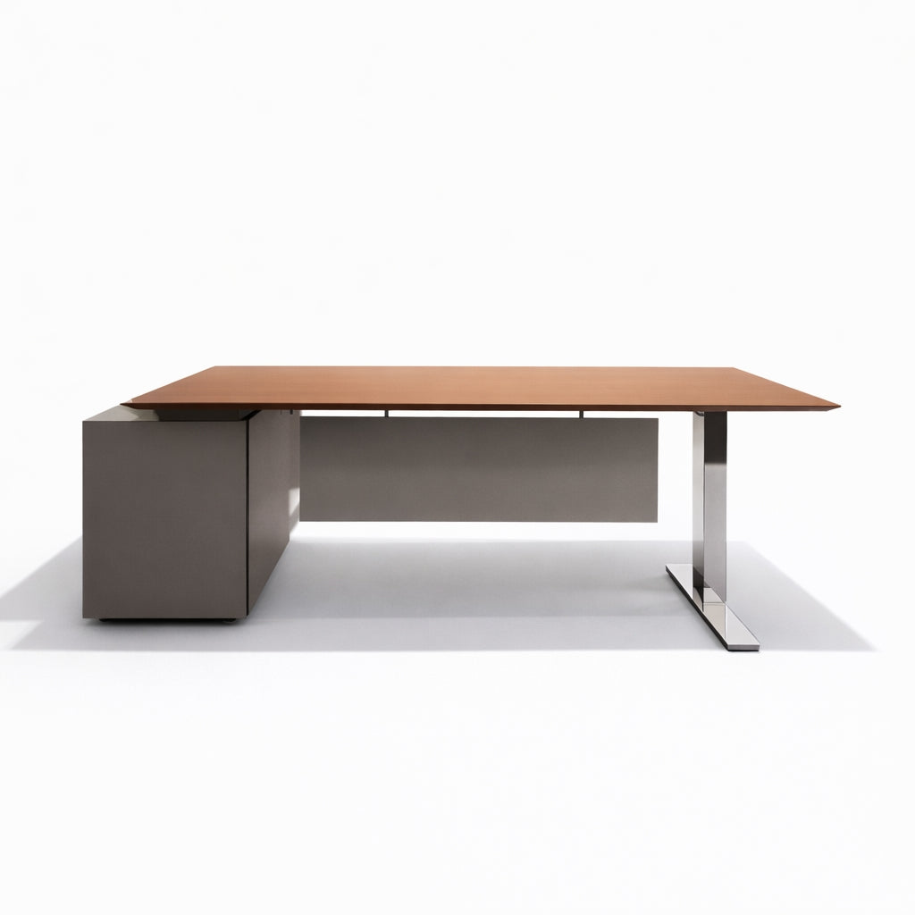 Height Adjustable Executive Desk with Side Cabinet & Built-in Power Outlets for Boss Office