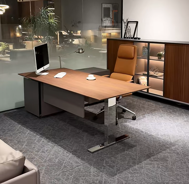 Height Adjustable Executive Desk with Side Cabinet & Built-in Power Outlets for Boss Office Side View