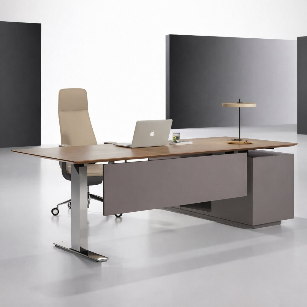 Height Adjustable Executive Desk with Side Cabinet & Built-in Power Outlets for Boss Side View