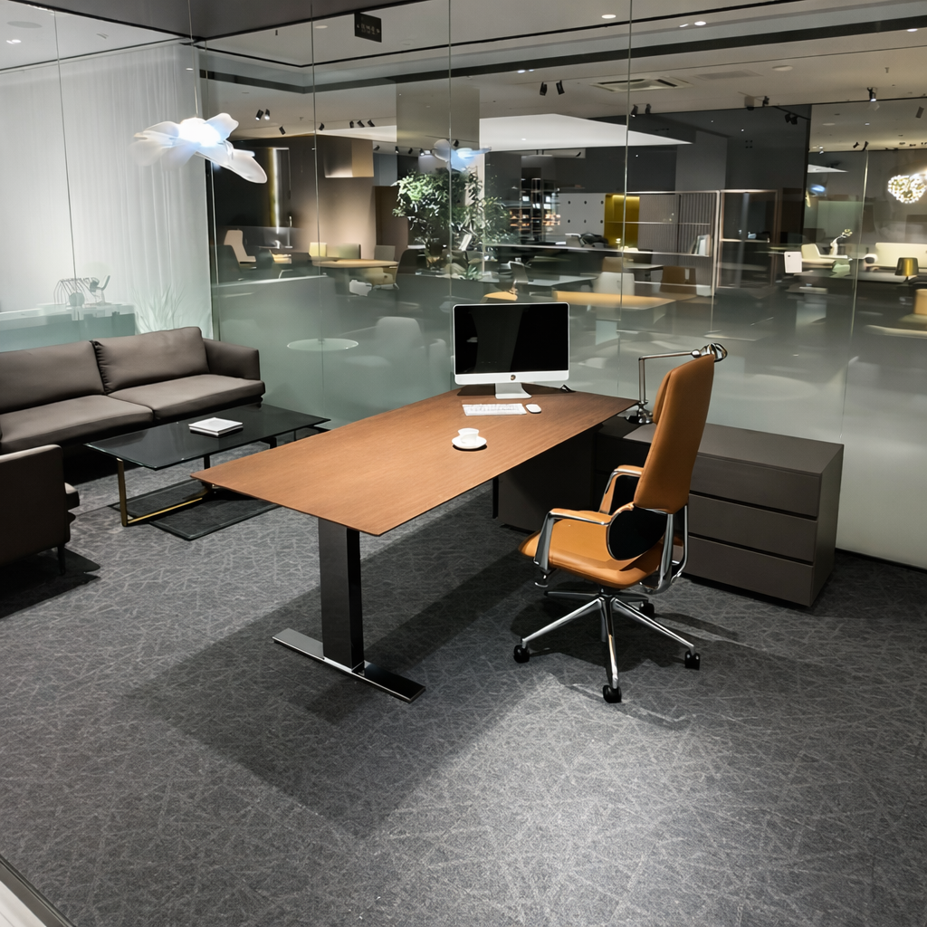 Height Adjustable Executive Desk with Side Cabinet & Built-in Power Outlets for Leaders