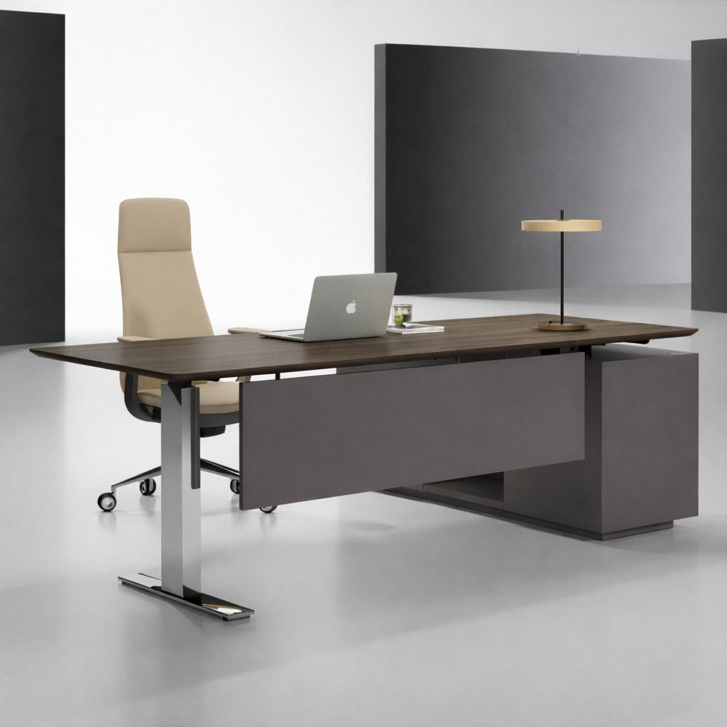Height Adjustable Executive Desk with Side Cabinet & Built-in Power Outlets for Leaders Side View
