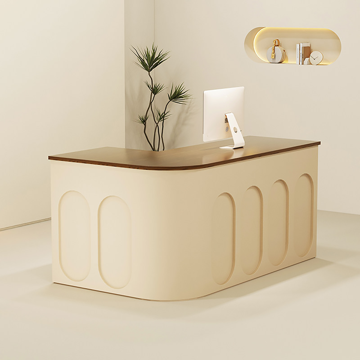 L-Shaped Corner Beige + Brown Reception Desk for Clothing Shop