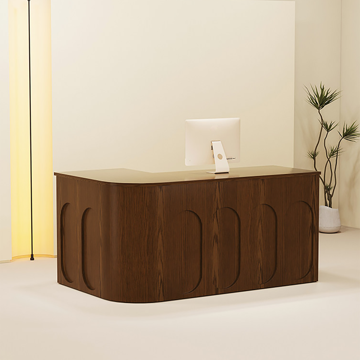 L-Shaped Corner Brown Reception Desk for Coffee Shop