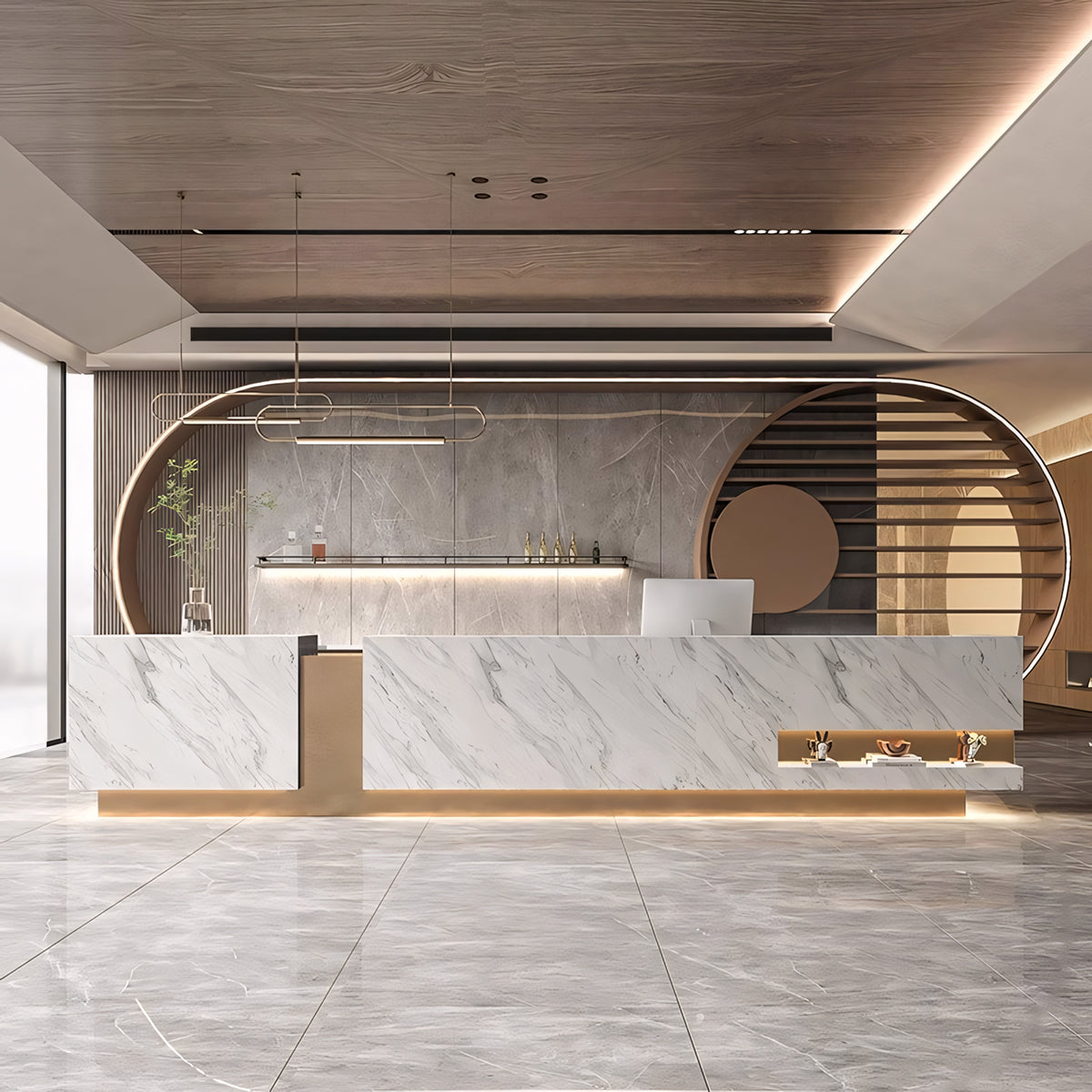 Luxury Rectangle Colour-block  Grey Marble + Gold Reception Desk for Hotel 