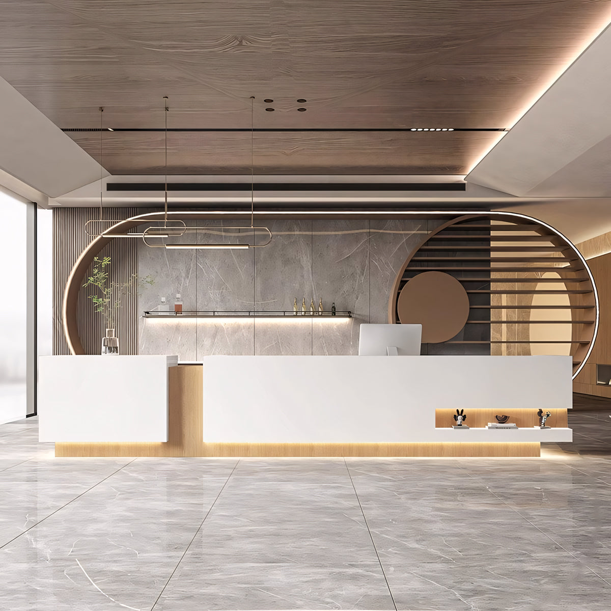 Luxury Rectangle Colour-block  White + Natural Reception Desk for Hotel 