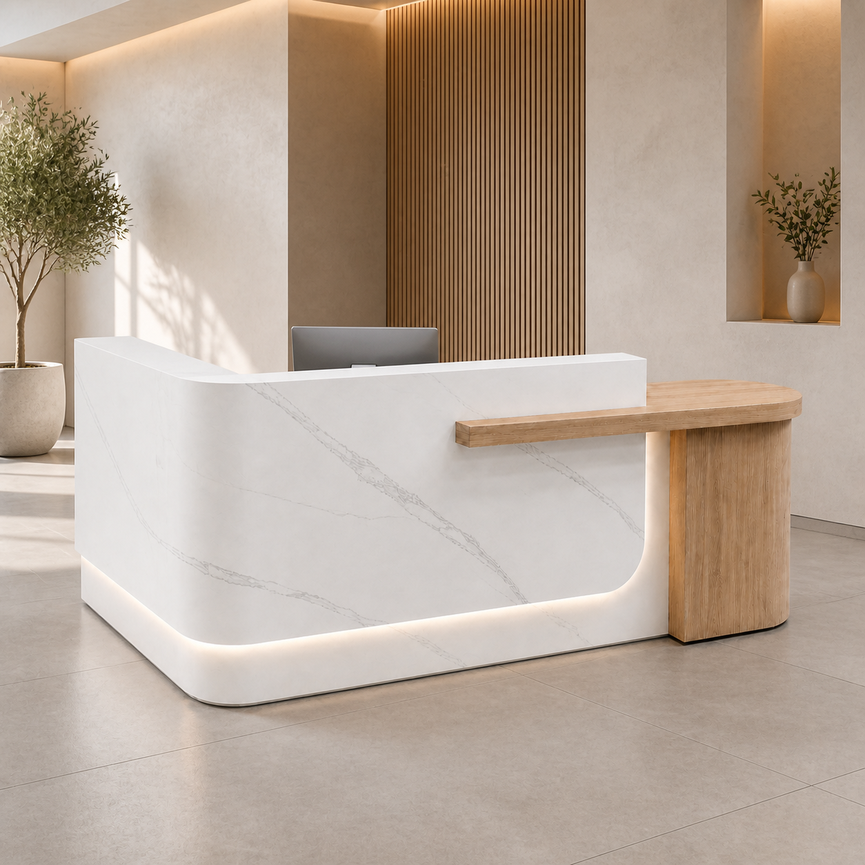 RD-353 White Marble Finish + Natural Right Side Privacy Screen scene