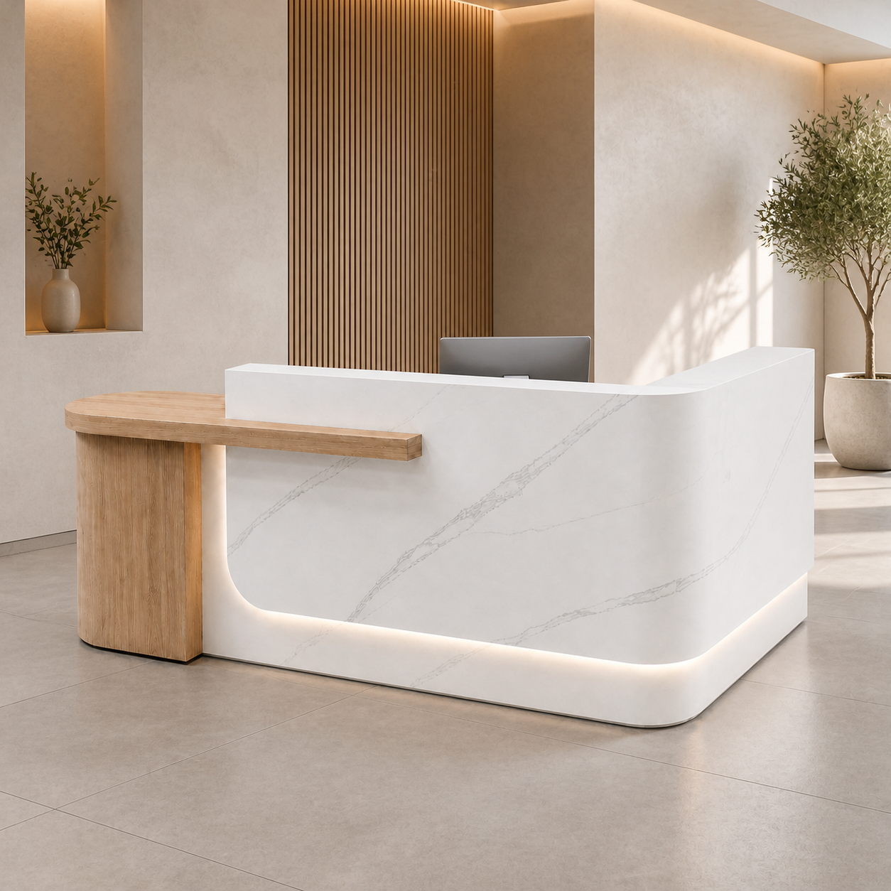 RD-353 White Marble Finish + Natural Left Side Privacy Screen scene
