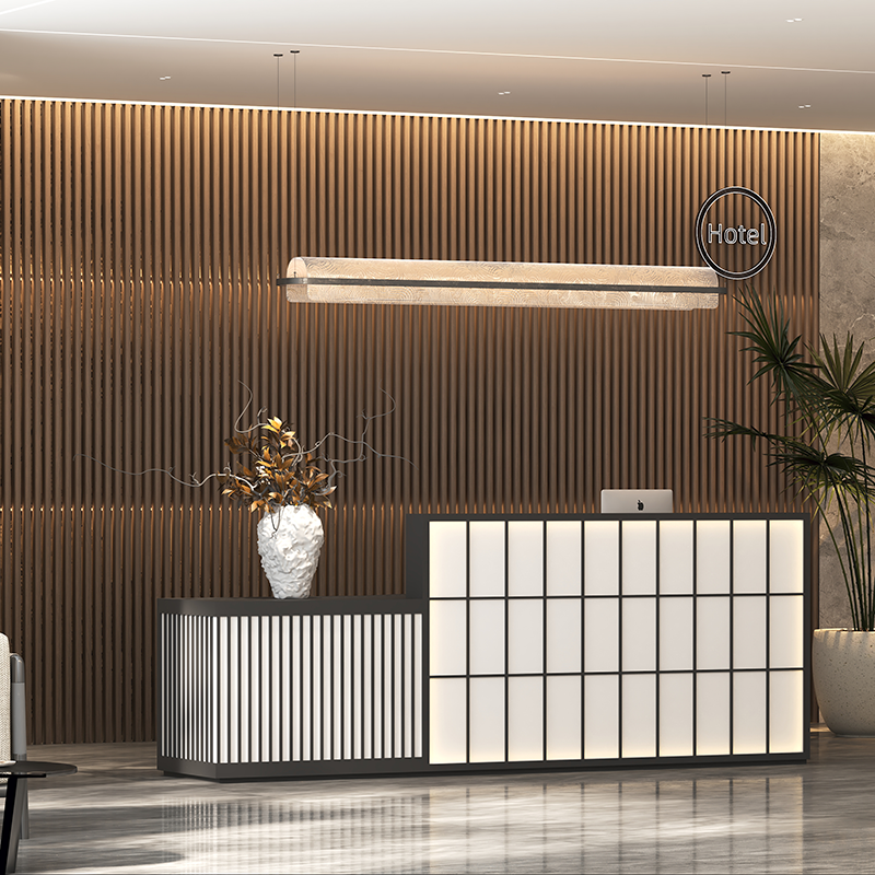 Minimalist Black + White Reception Desk with Square Panel Detailing ＆ LED Light for Lobby