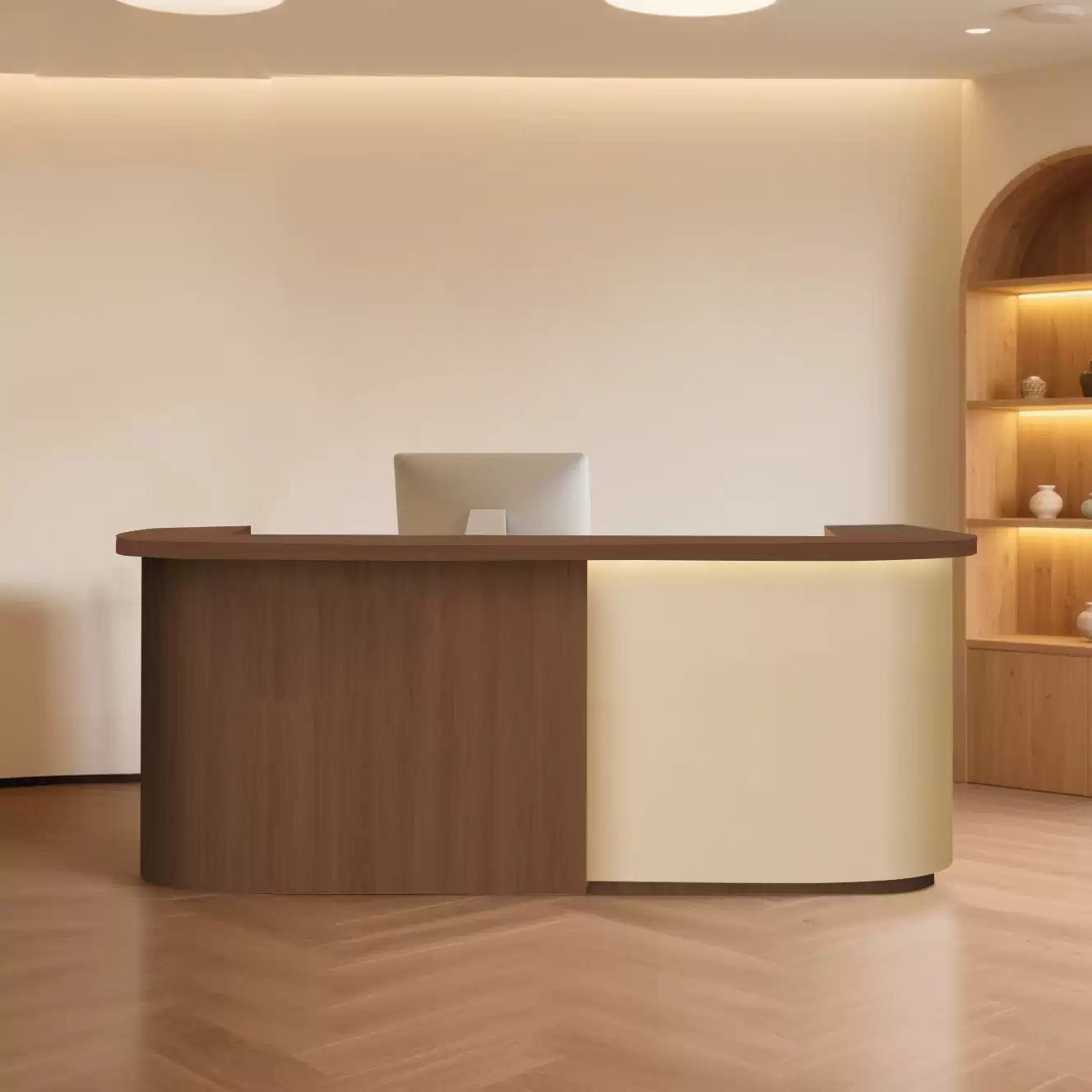 Minimalist Curved Style Beige + Brown Reception Desk with LED Light for Boutique 