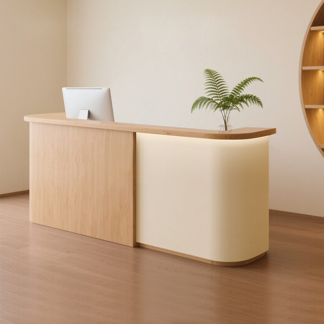 Minimalist Curved Style Beige + Natural Reception Desk with LED Light for Boutique 