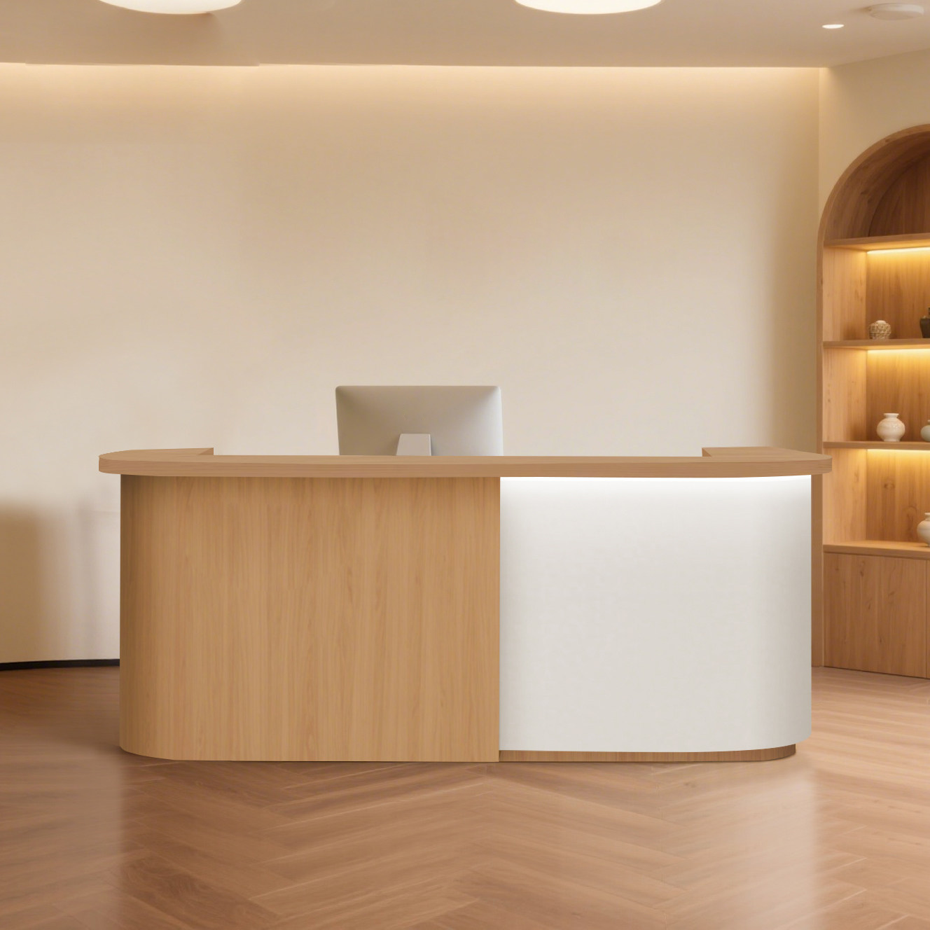 Minimalist Curved Style White + Natural Reception Desk with LED Light for Boutique 