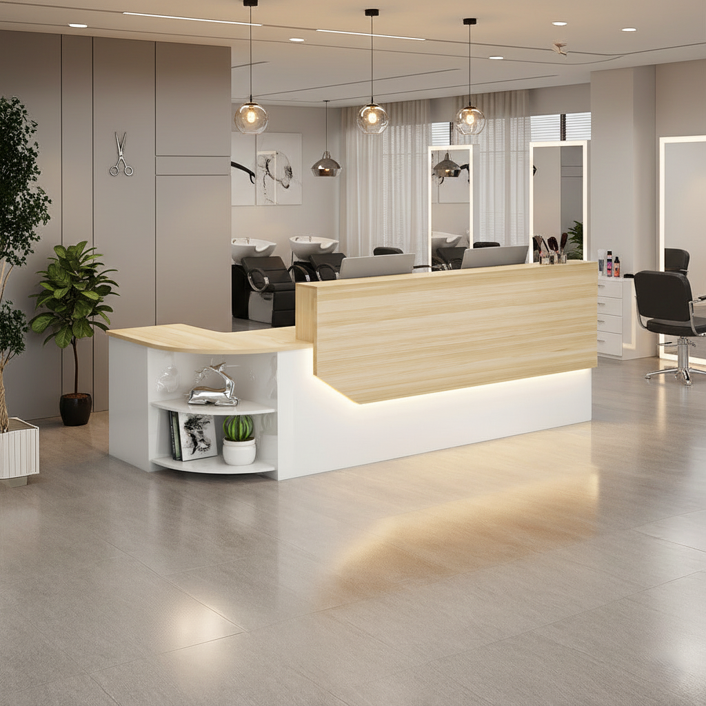 Minimalist LED Natural + White Reception Counter for Salon, Office & Retail