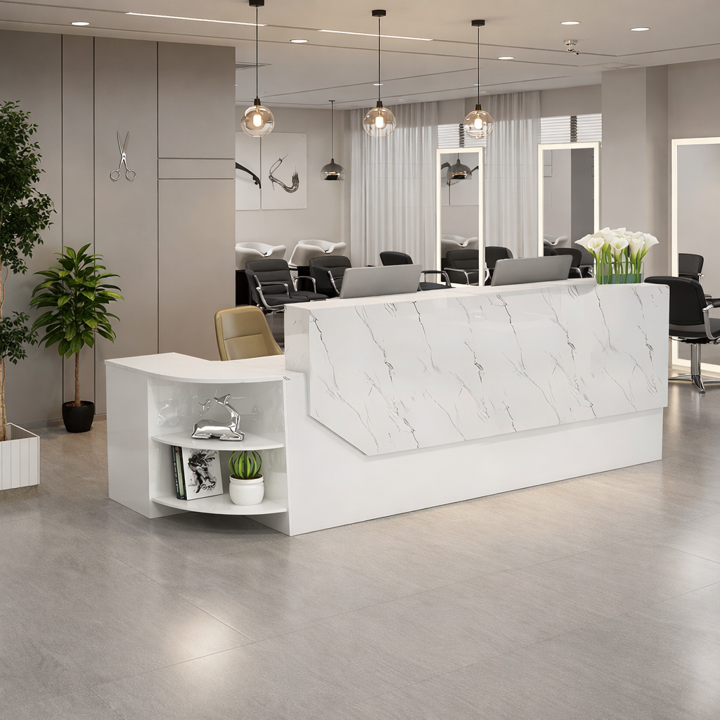 Minimalist LED White Marble Finish + White Reception Counter for Salon, Office & Retail