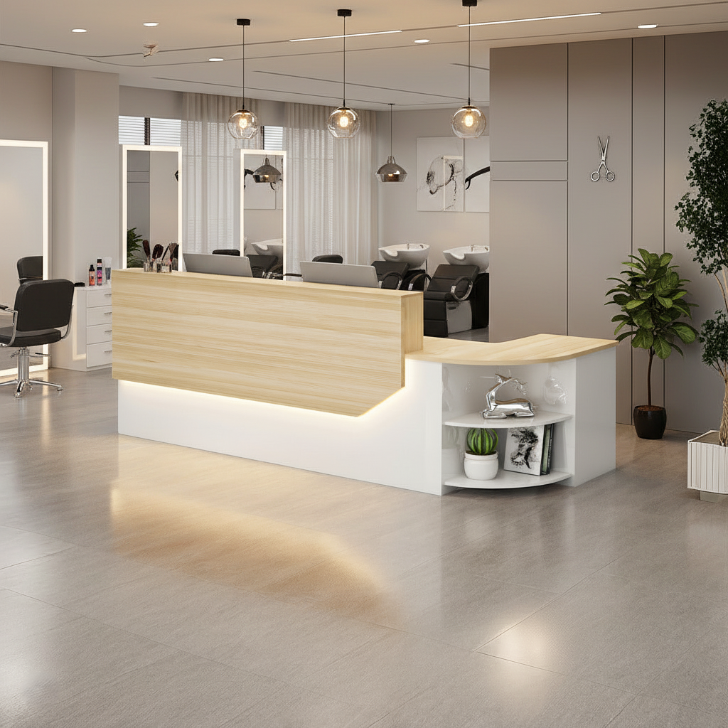 Minimalist LED  White + Natural Reception Counter for Salon, Office & Retail 