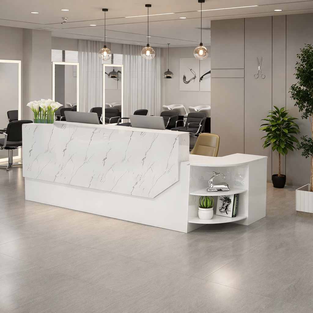 Minimalist LED White + White Marble Finish Reception Counter for Salon, Office & Retail