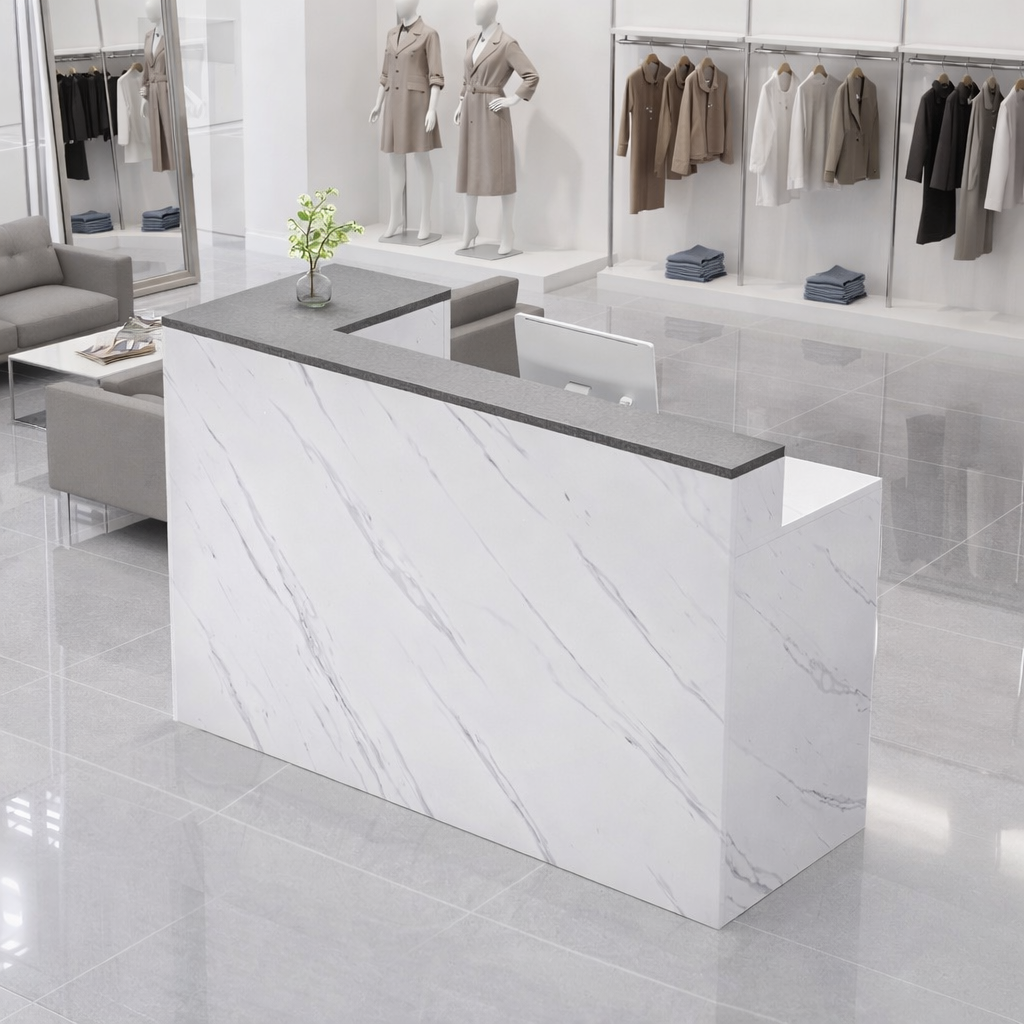 Minimalist Light Luxury Grey + White Marble Finish Reception & Checkout Counter for Salon