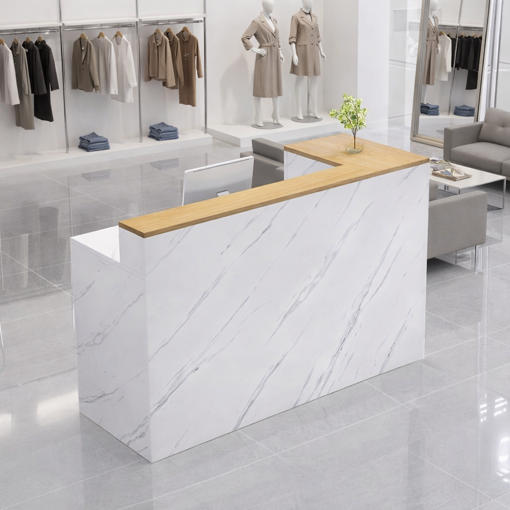 Minimalist Light Luxury Natural + White Marble Finish Reception & Checkout Counter for Salon
