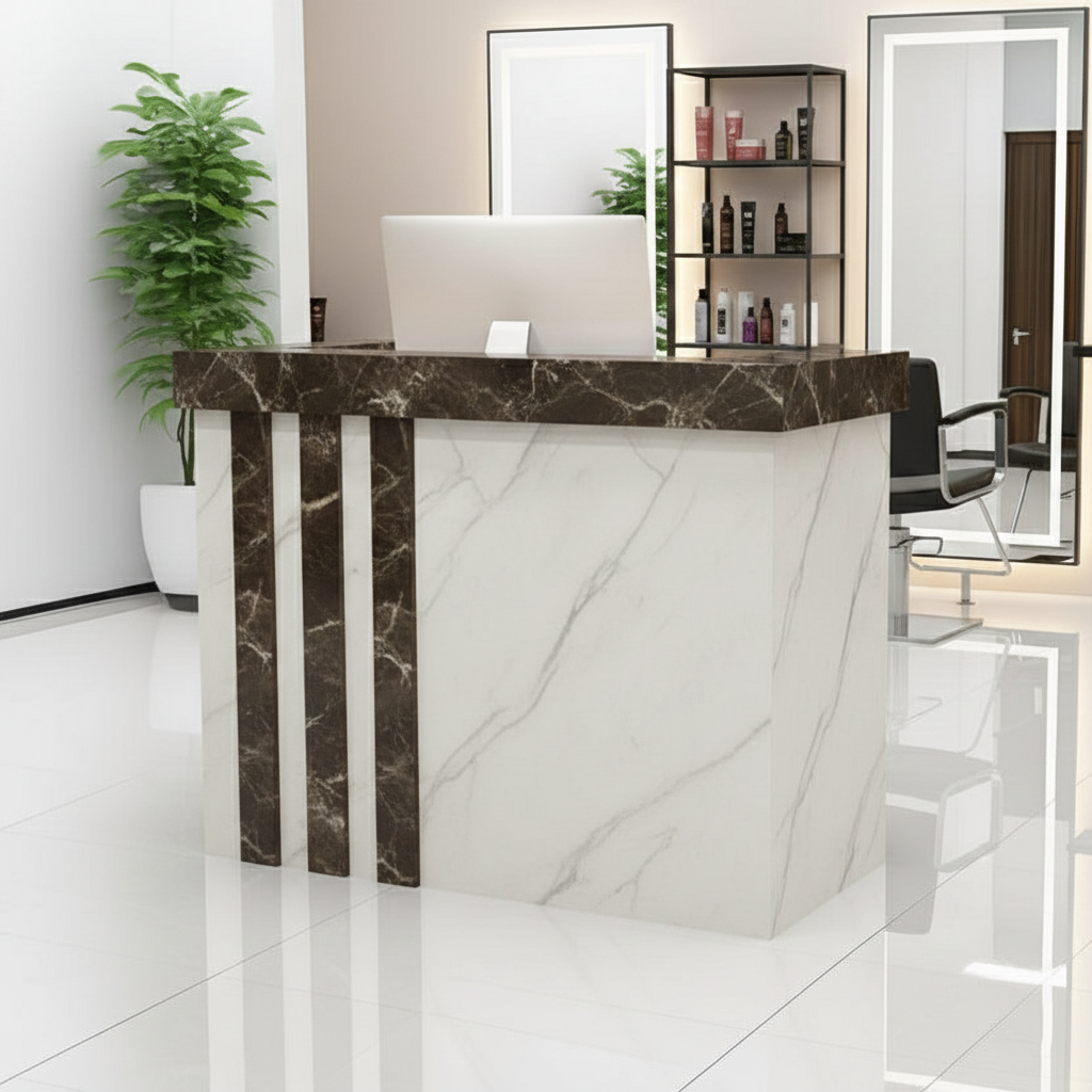 Minimalist Salon White Marble Finish Reception Desk With Brown Marble  Vertical Line Finish