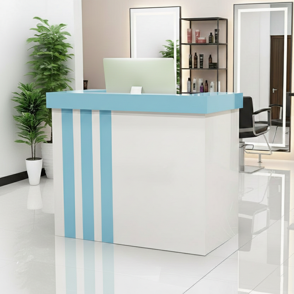 Minimalist Salon White Reception Desk With Blue Vertical Line Finish