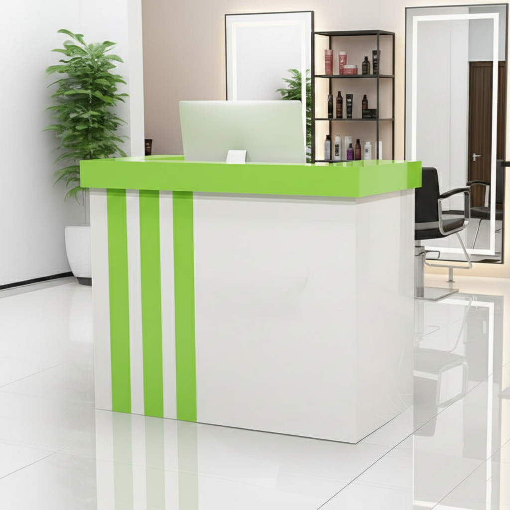 Minimalist Salon White Reception Desk With Green Vertical Line Finish