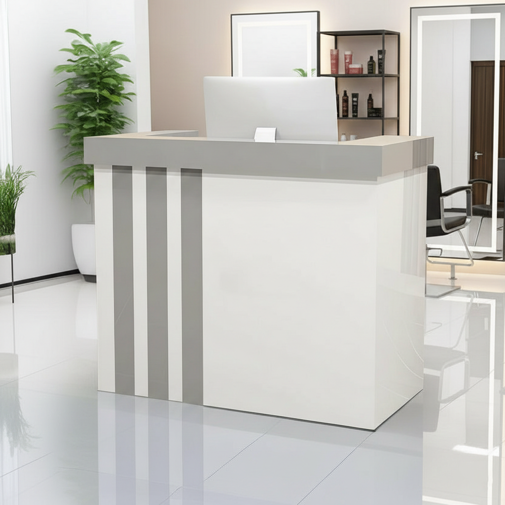 Minimalist Salon White Reception Desk With Grey Vertical Line Finish