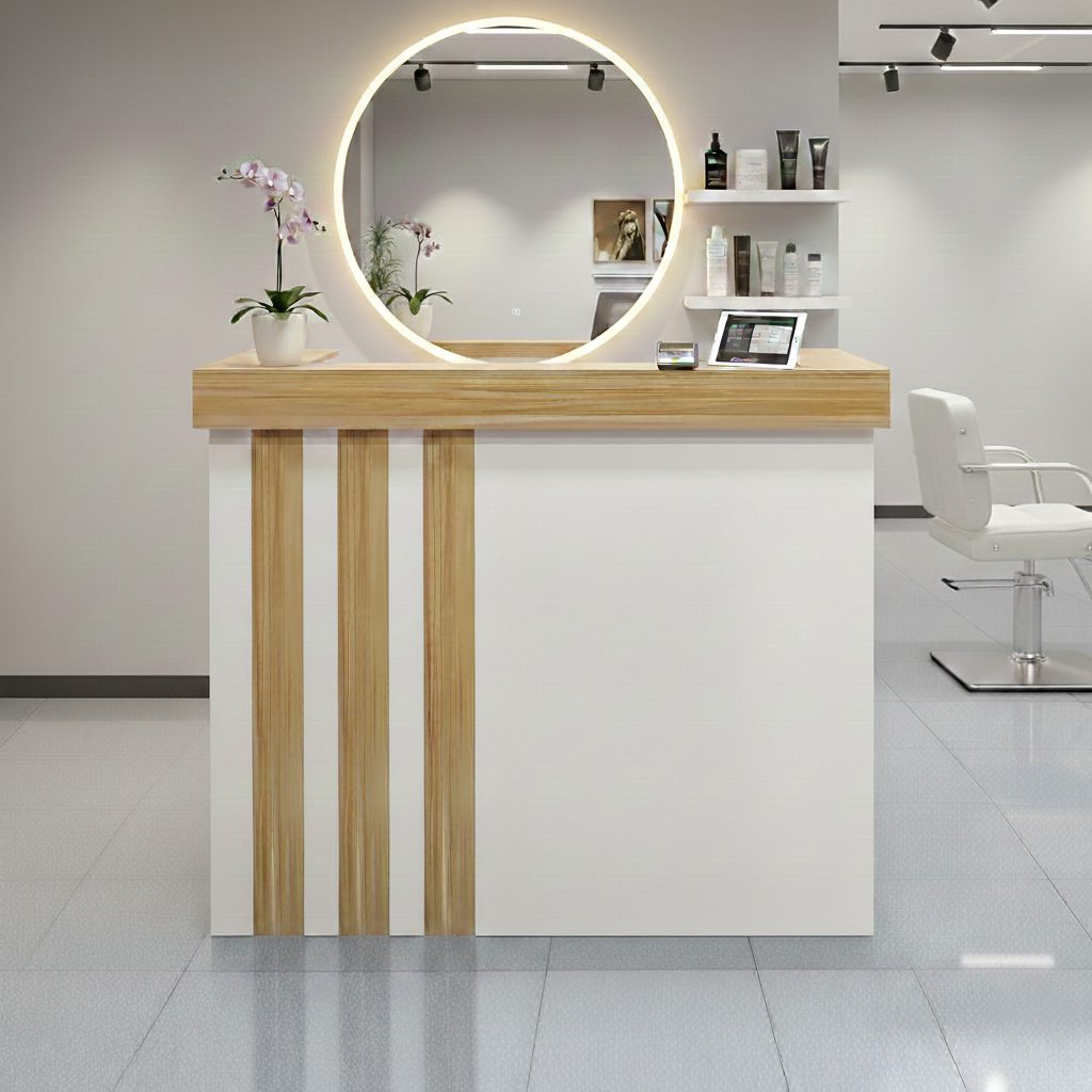 Minimalist Salon White Reception Desk With Natural Wood Grain Vertical Line Finish