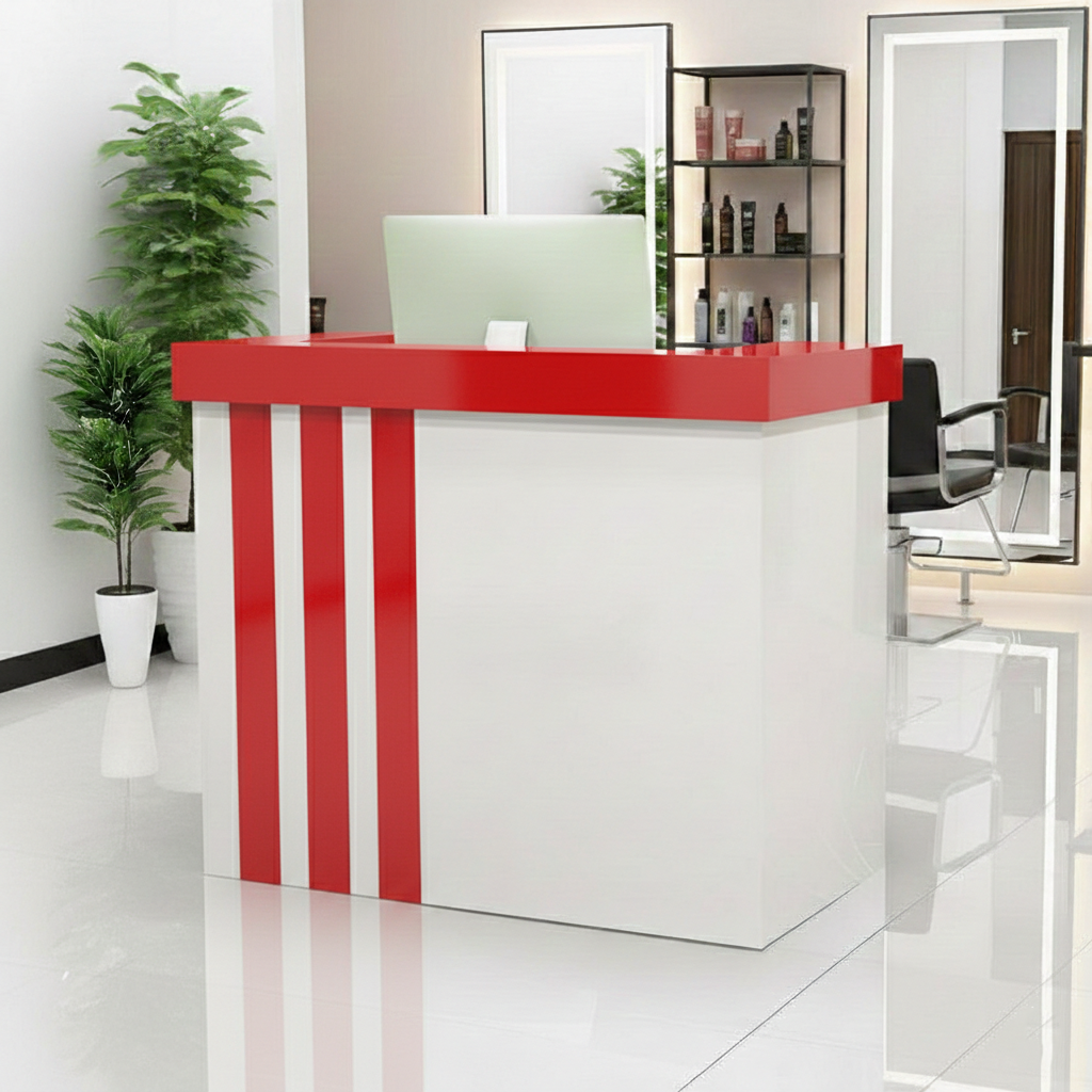 Minimalist Salon White Reception Desk With Red Vertical Line Finish