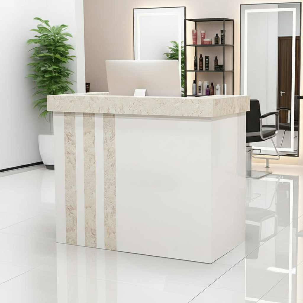 Minimalist Salon White Reception Desk With White Marble Vertical Line Finish