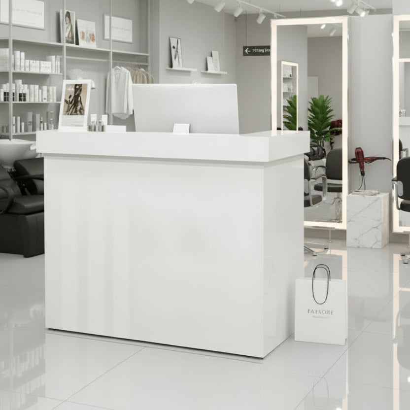 Minimalist Salon White Reception Desk With White Vertical Line Finish