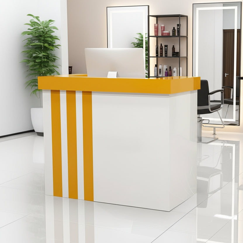 Minimalist Salon White Reception Desk With Yellow Vertical Line Finish