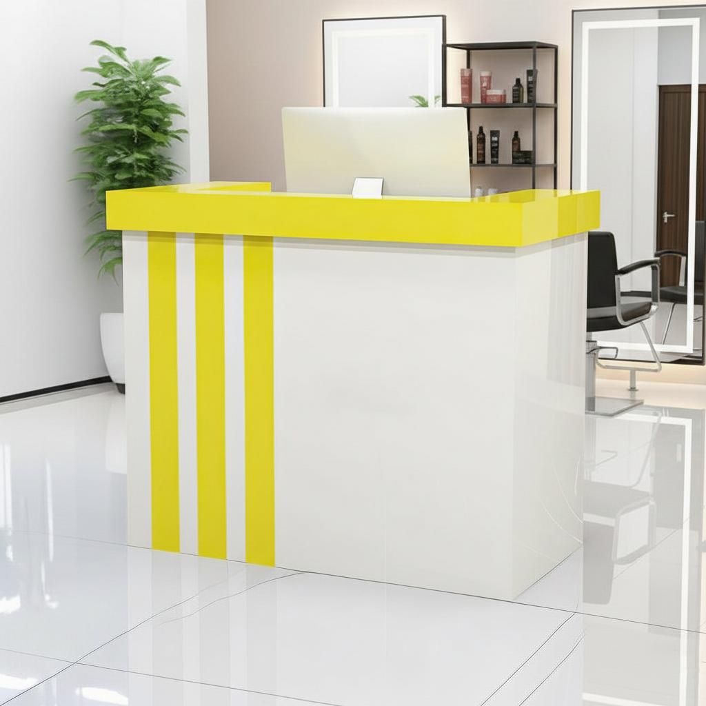 Minimalist Salon White Reception Desk With Yellow Vertical Line Finish