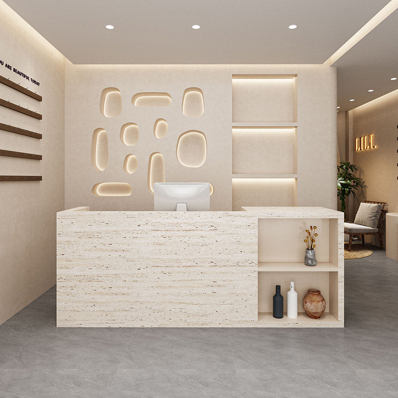 Minimalist Travertine Finish + Beige Reception & Cashier Counter