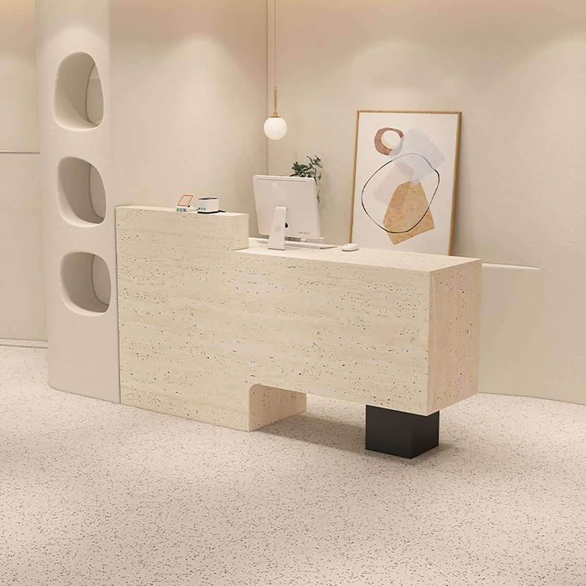 Minimalist Travertine Finish +Black Reception Desk with Hollow-Out Negative Space