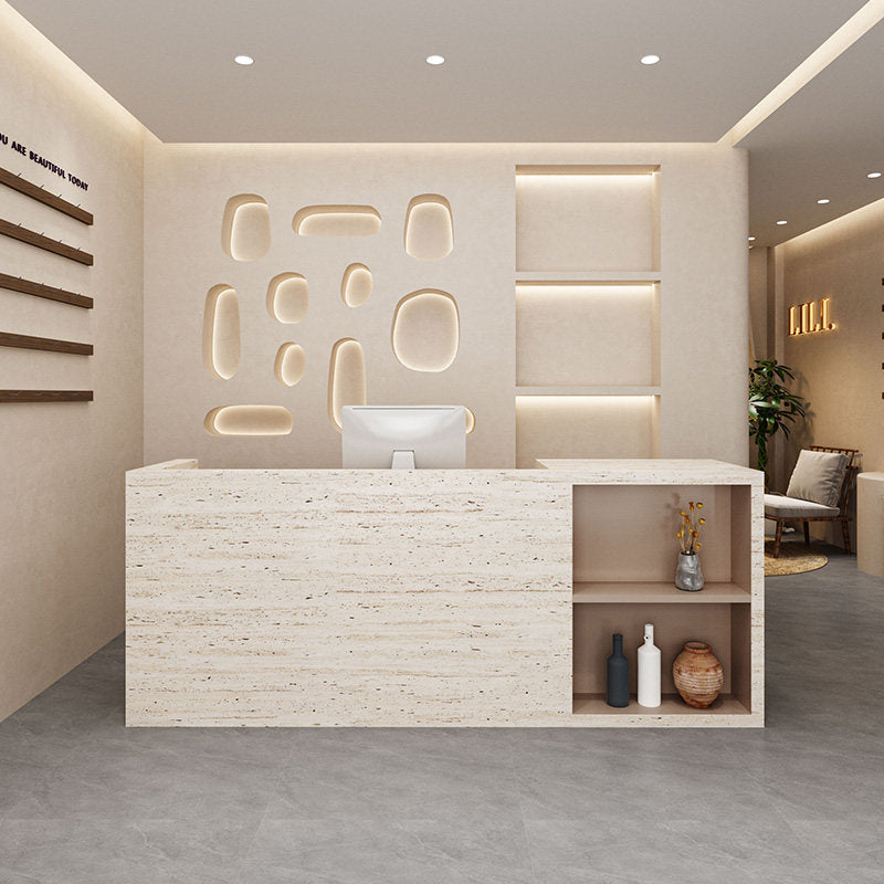 Minimalist Travertine Finish + Brown Reception & Cashier Counter