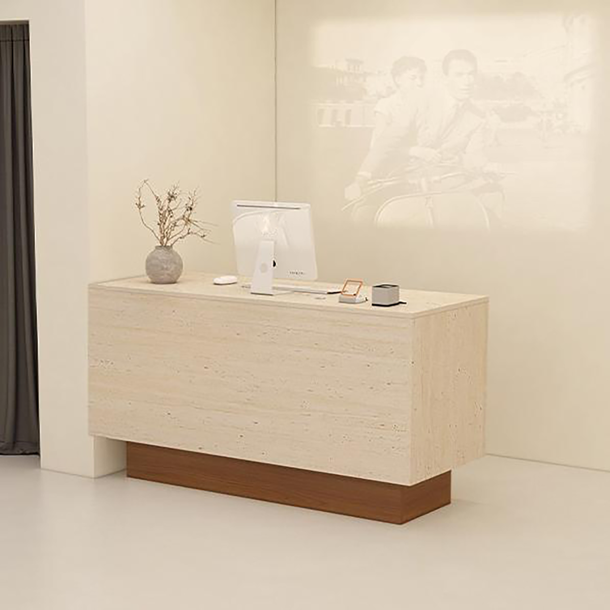Minimalist Travertine Finish Brown Reception Desk with Storage for Clothing Shop