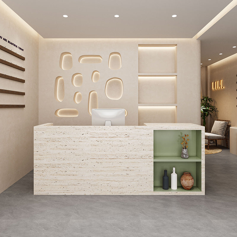 Minimalist Travertine Finish + Green Reception & Cashier Counter