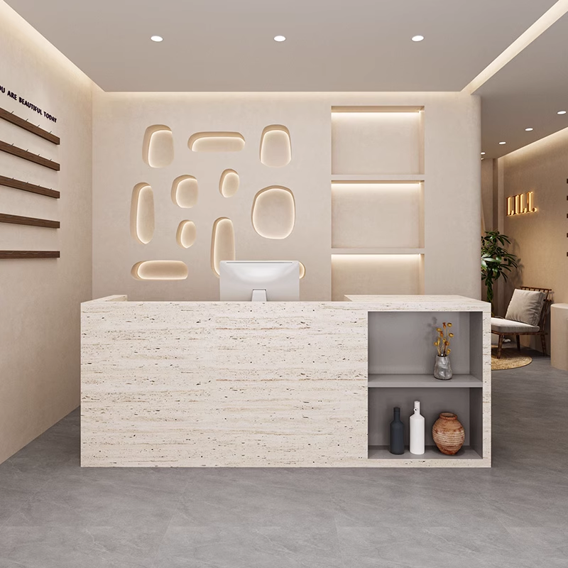 Minimalist Travertine Finish + Grey Reception & Cashier Counter