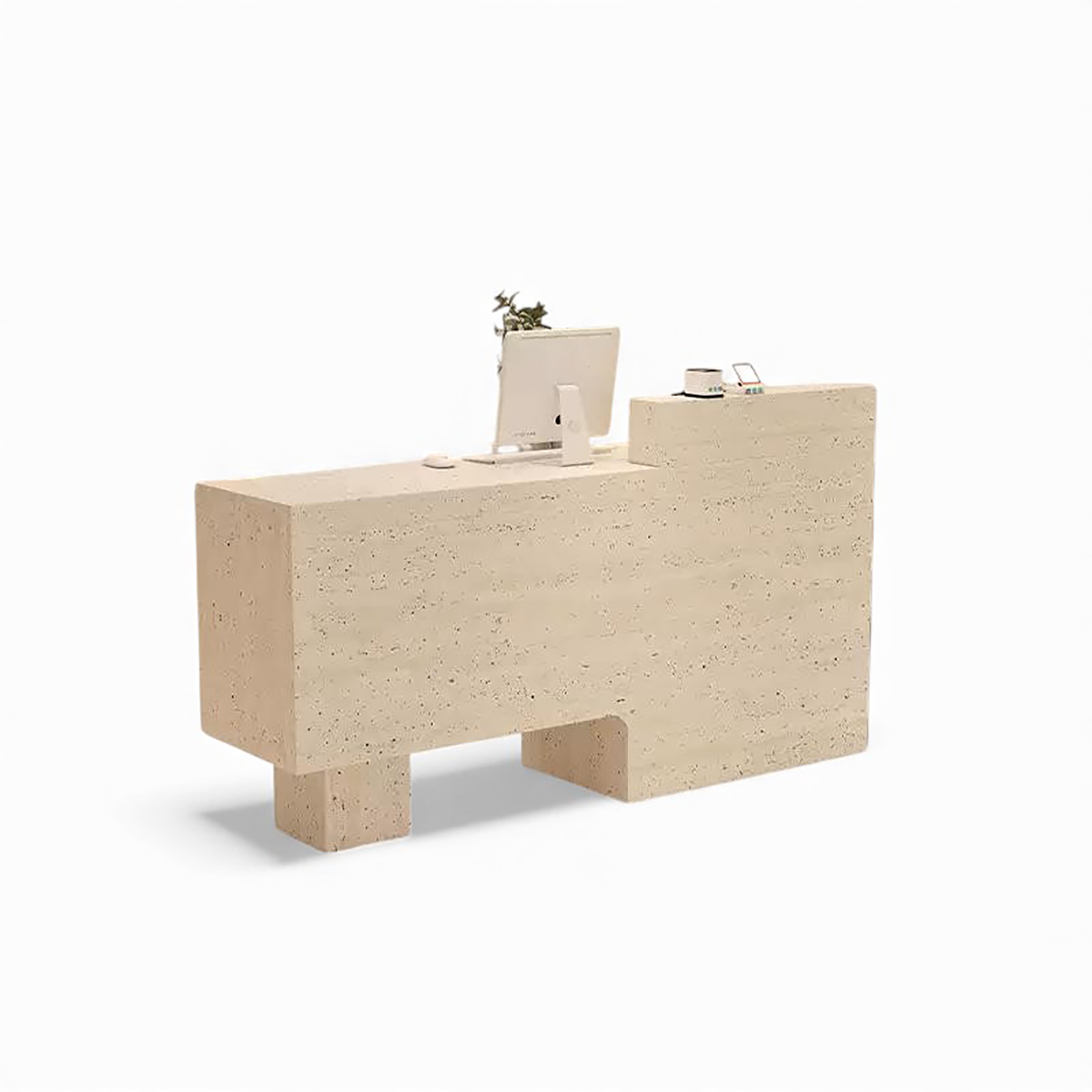 Minimalist Travertine Finish Reception Desk with Hollow-Out Negative Space