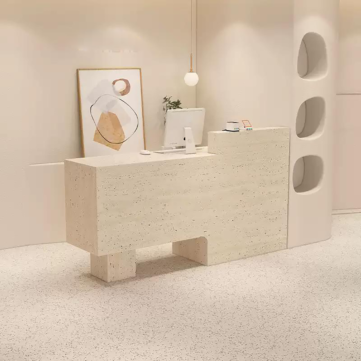 Minimalist Travertine Finish Reception Desk with Hollow-Out Negative Space
