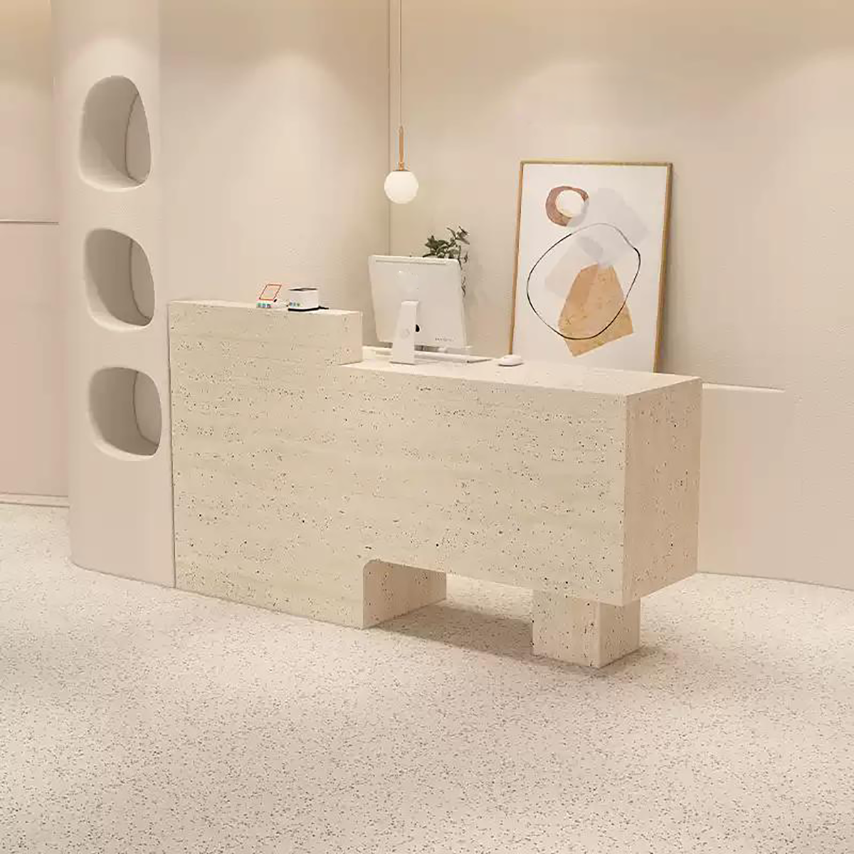 Minimalist Travertine Finish Reception Desk with Hollow-Out Negative Space RD-108