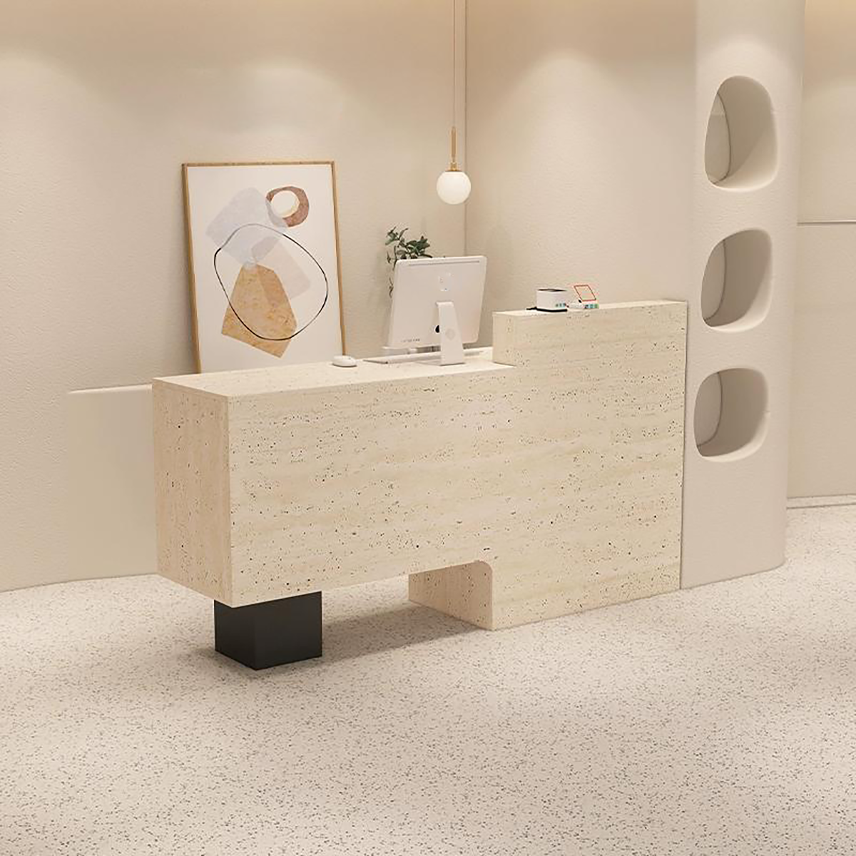 Minimalist Travertine Finish Reception Desk with Hollow-Out Negative Space RD-108
