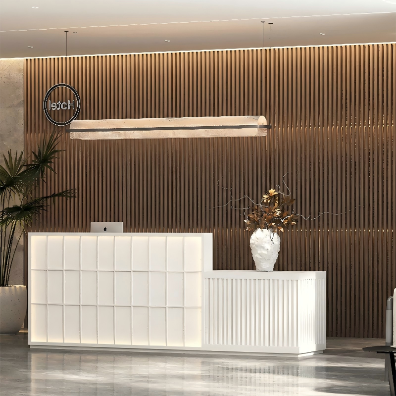 Minimalist White + White Reception Desk with Square Panel Detailing ＆ LED Light for Lobby
