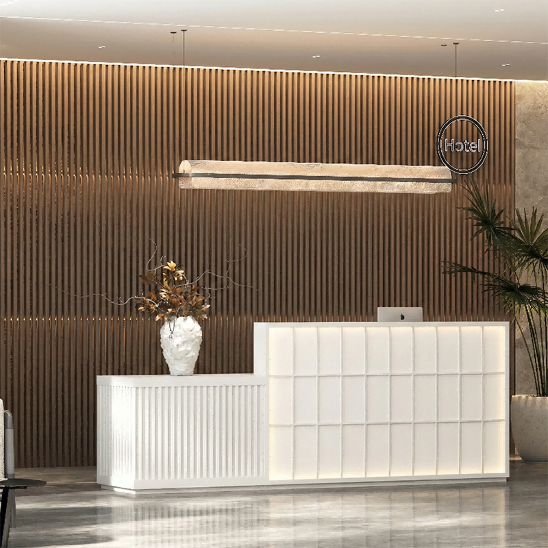 Minimalist White + White Reception Desk with Square Panel Detailing ＆ LED Light for Hotel